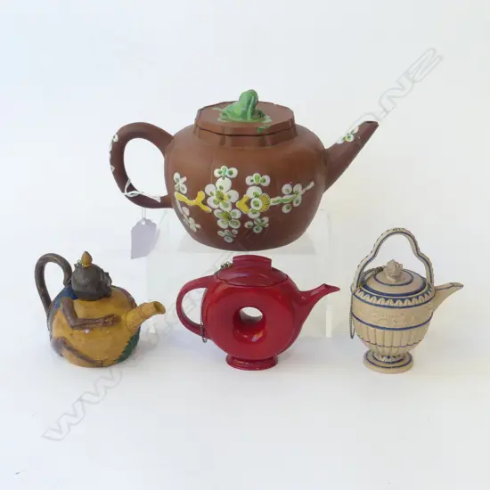 4 ORIENTAL TEAPOTS; 3 RESIN + YIXINGWARE