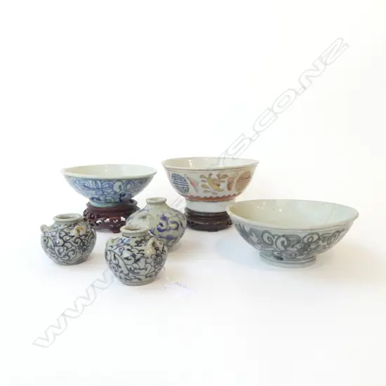 6 ORIENTAL PCES; 3 BOWLS (1 w. HAIRLINES) 165mm dia + 3 SMALL VASES