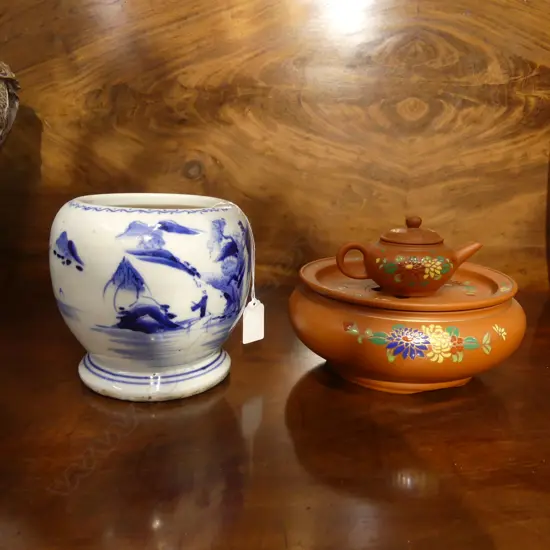 ORIENTAL TERRACOTTA 5 PCE TEA SET + B/W POT H.140mm