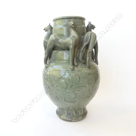 CHINESE GLAZED CELADON RICE JAR w. HORSE DECORATION H.360mm