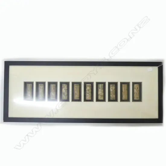 10 EROTIC SCENES CARVED ON BONE EACH 125x60, FRAMED, 410x1070mm overall