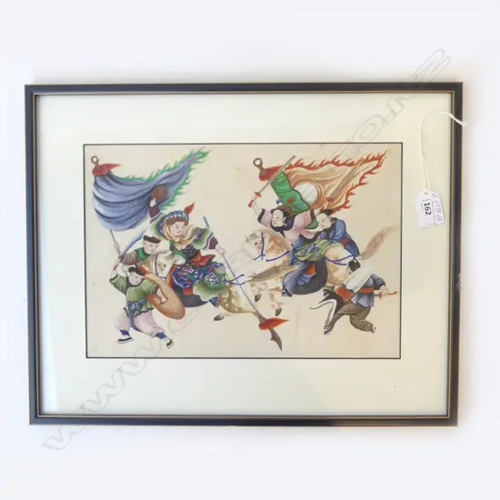 19thC CHINESE W/C ON PITH PAPER warring figures on horse back w flags 210 x 310mm