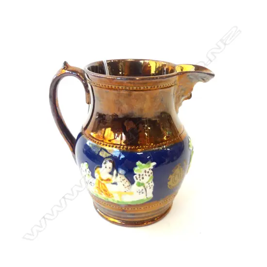 EARLY VICTORIAN COPPER LUSTRE JUG WITH ANTIQUE DEALERS’ ASSOCIATION LABEL, H.125MM