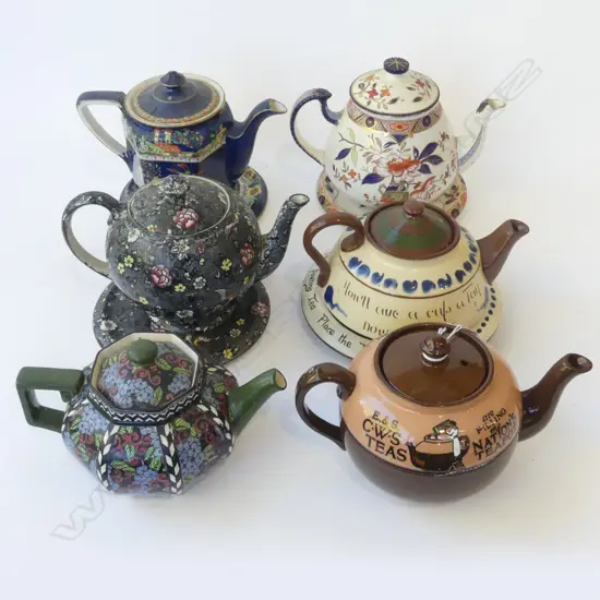 6 VINTAGE TEAPOTS; ROYAL DOULTON HYDRAGEA (HANDLE REPAIRED), ROYAL WINTON ETC - faults / 4 w. plates