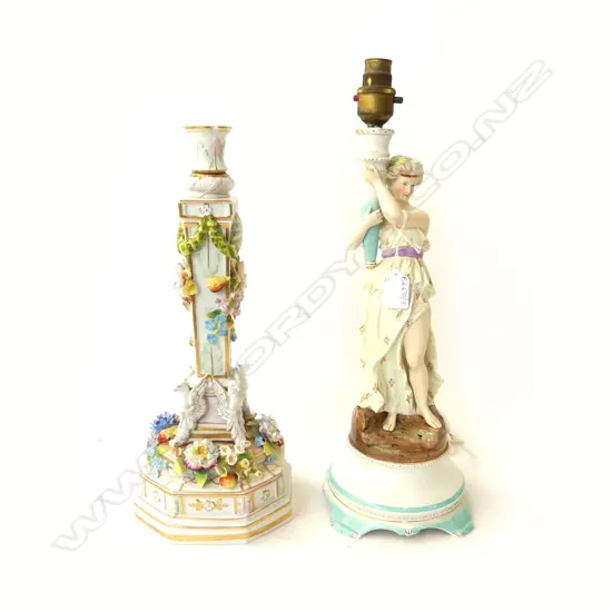 2 19thC GERMAN PORCELAIN LAMP BASES; CLASSICAL FIGURE H.435mm, OTHER (FAULTS) H.375mm