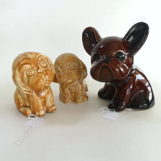 BOURNE DENBY FRENCH BULLDOG & TWO CROWN DEVON DOGS (eyes absent)