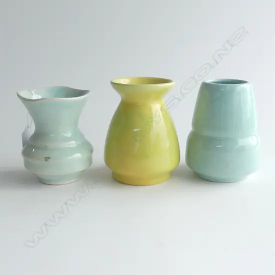 3 SM CROWN LYNN VASES, 2 PALE BLUE 1 YELLOW, TALLEST 100mm