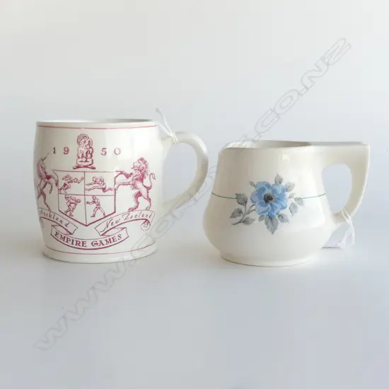 2 PC; CROWN LYNN EMPIRE GAMES 1950 SOUVENIR MUG, H.100mm & CROWN LYNN SHAVING MUG