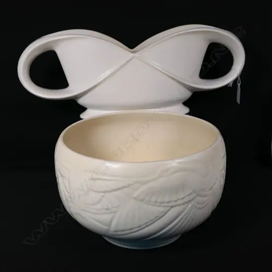 2 CREAM VASES; SPODE 'VELAMOUR' BOWL (DIA.230mm) & SHORTER 2-HANDLED VASE (L.400mm)