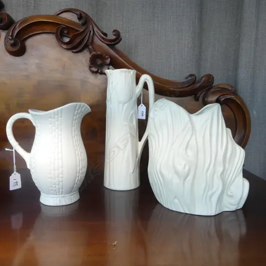 3 CREAM CROWN LYNN VASES, TRUNK VASE, TALL VASE w TULIPS & BAMBOO JUG (all with faults)