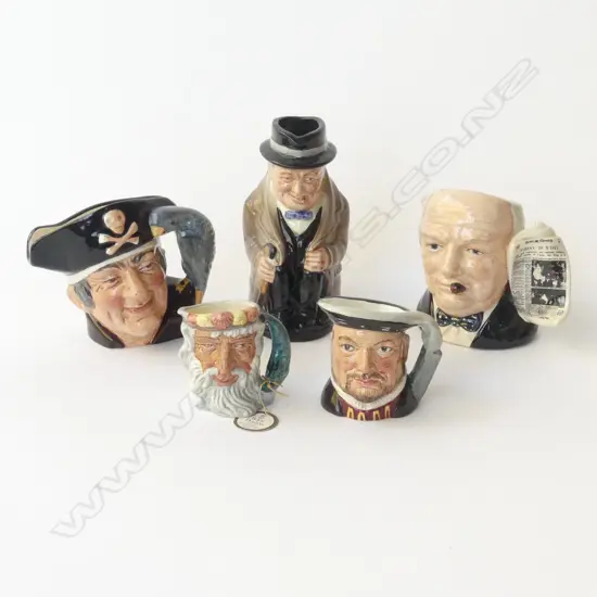 5 ROYAL DOULTON CHARACTER / TOBY JUGS; 2 WINSTON CHURCHILL H.135mm