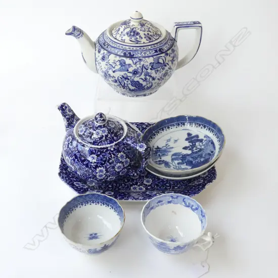 2 BURLEIGH WARE TEAPOTS + PLATTER 190x250mm + 2 ANTIQUE B/W C/S (CHINESE EXPORT SAUCER REPAIRED)