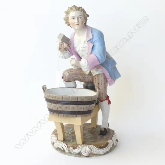 MEISSEN FIGURINE; MAN w. BARREL BASKET H.310mm arm repaired