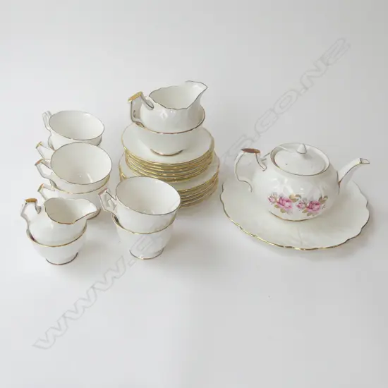 AYNSLEY TEA SET; TEAPOT, 6 TRIOS, 2 MILKS, 2 SUGAR, CAKE PLATE