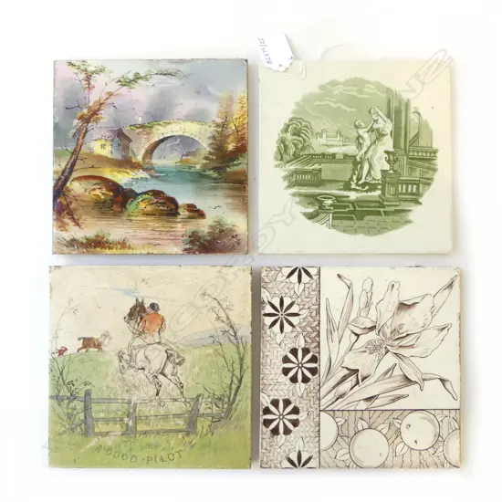 FOUR ANTIQUE TILES – MINTONS CHINA WORKS ‘A GOOD PILOT’, ‘A.M’ CLASSICAL DESIGN ETC, L.150MM