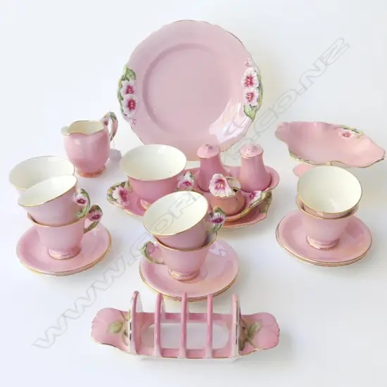 19 PCES PINK ROYAL WINTON; 6 C/S, TENNIS SET, MILK & SUGAR ETC