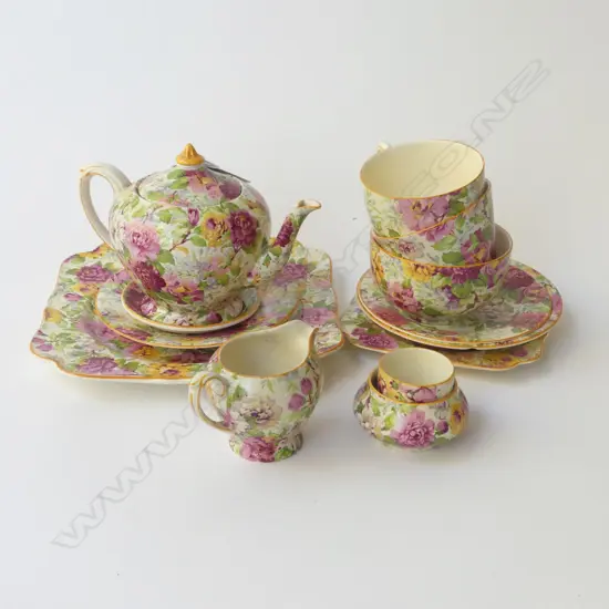 13 PCE CROWN DECAL CHINTZ TEA SET