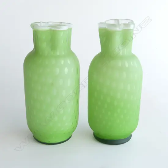 PAIR OF VICTORIAN SATIN GREEN GLASS VASES, TALLEST H.180mm