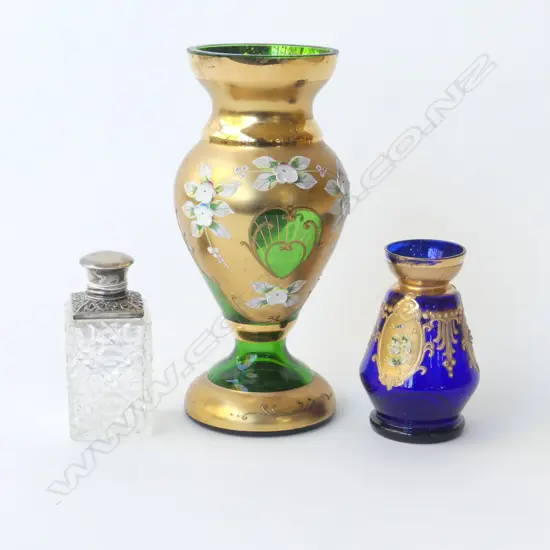 STG CAPPED PERFUME BOTTLE H.100mm + 2 VENETIAN VASES H.210mm