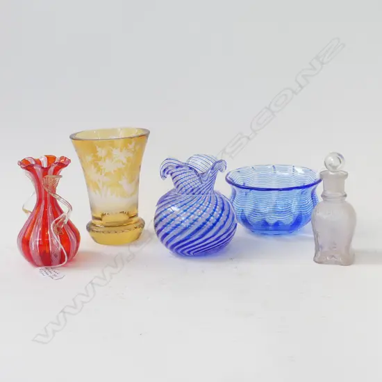 4 GLASS VASES; MURANO, 19thC ETCHED H.120mm + PERFUME BOTTLE