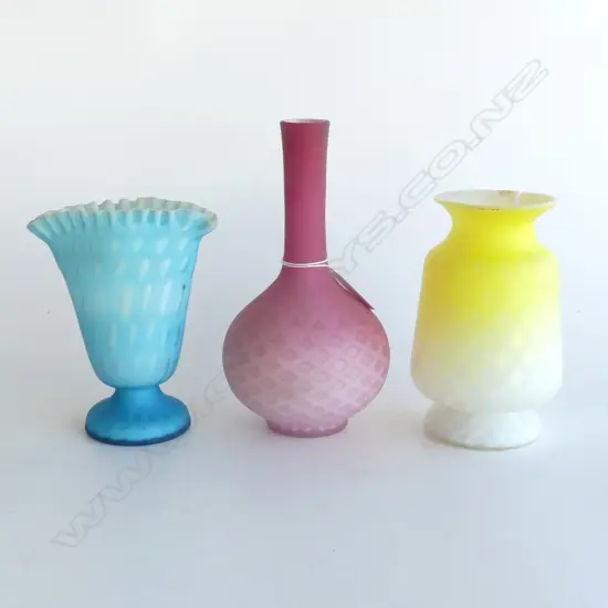 THREE VICTORIAN SATIN GLASS VASES, PINK, YELLOW & BLUE,TALLEST H.180mm