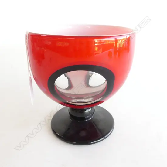 ART GLASS RED /BLK PEDESTAL BOWL w CIRCLES, H.150mm