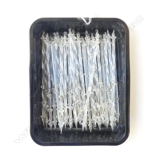 36 VINTAGE HAND MADE GLASS STRINGS/DROPS WITH LOOPS FOR HANGING, L.185MM