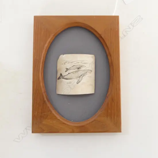 FRAMED MAMMOTH IVORY SCRIMSHAW, WHALES, HAWAIIAN CRAFTED, H.70mm