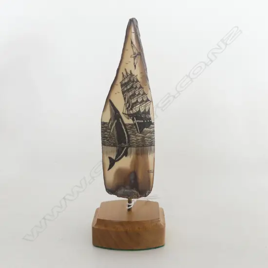 MAMMOTH IVORY SCRIMSHAW ON STAND, WHALE & SAILING SHIP, HAWAIIAN CRAFTED, H.170mm w stand
