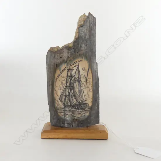 MAMMOTH IVORY SCRIMSHAW on STAND, SAILING SHIP 'CLEOPATRA BARGE', HAWAIIAN CRAFTED, signed, H.175mm w stand