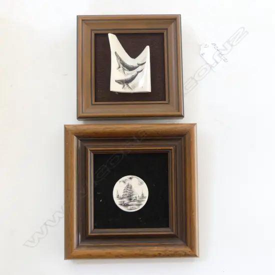 2 FRAMED MARINE IVORY SCRIMSHAW, WHALES, H.70 x 40mm, SAILING SHIP, DIA35mm, HAWAIIAN CRAFTED