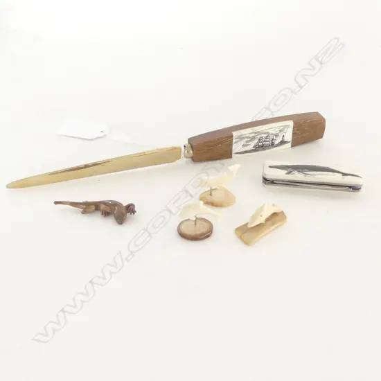 WALRUS IVORY SCRIMSHAW PEN KNIFE & LETTER OPENER & 4 TINY MARINE IVORY ORNAMENTS, HAWAIIAN CRAFTED