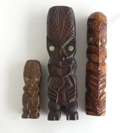 3 SMALL MAORI TOURIST ART TEKOTEKO largest H.195mm. Collected in the U.S.A. c1990's