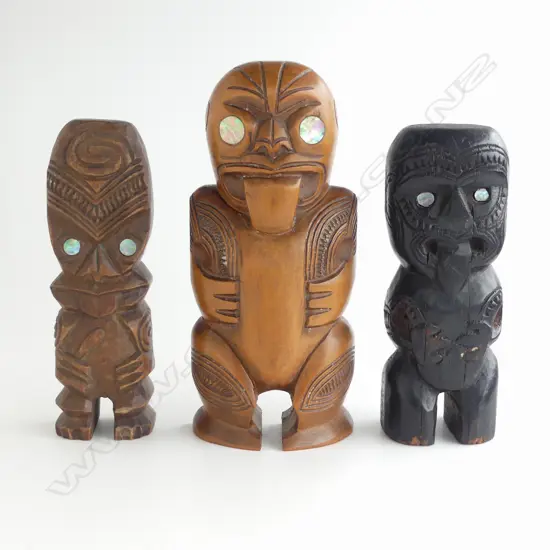 3 MID/LATE 20thC MAORI CARVED STYLISED SMALL TEKOTEKO FIGURES paua inserts Tallest 210mm.