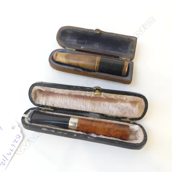 TWO ANTIQUE CIGARETTE CHEROOT HOLDERS IN CASES, L.80MM-100MM (CASES)