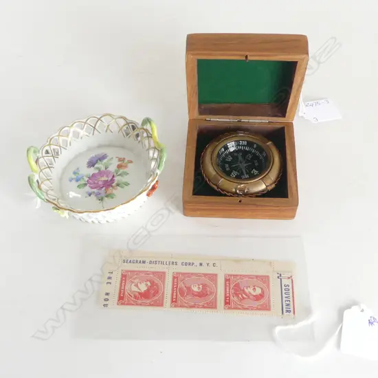 SM BOXED VINTAGE COPPER LIFE RING COMPASS, DIA. 70mm; SM DRESDEN PAINTED CHINA DISH & SET EARLY 20THC US GOODWILL STAMPS