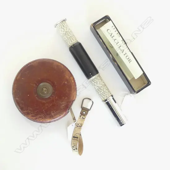 LEATHER CASED MEASURING TAPE BY JOHN RABONE & SONS BIRMINGHAM ENGLAND  & VINTAGE 'THE OTIS KING 'CALCULATOR