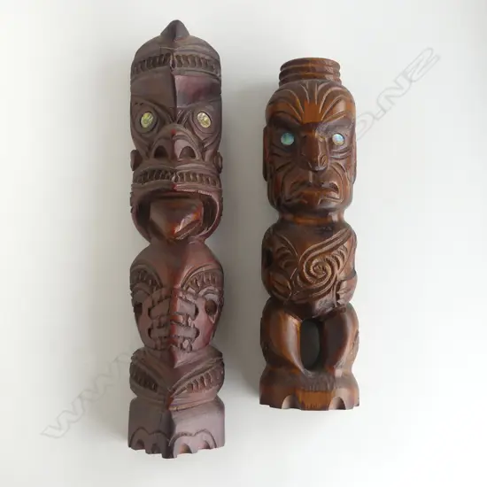 2 SMALL MAORI TOURIST ART TEKOTEKO largest H.305mm. Collected in the U.S.A. c1990's