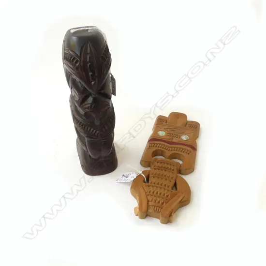 MID/LATE 20thC MAORI CARVED stylised PORTRAIT BUST paua eyes. Dark stained. H.225m + OTHER CARVED PANEL base broken.