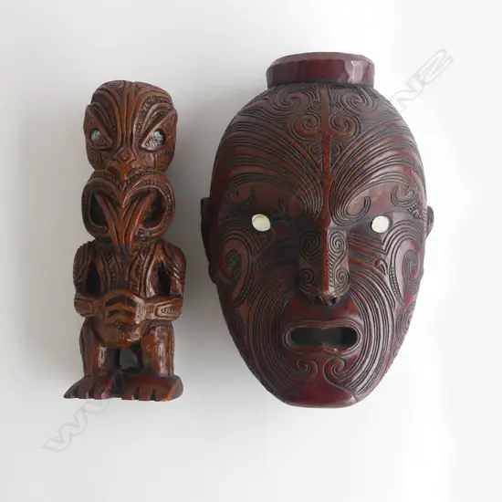 MID/LATE 20thC MAORI RESIN STANDING STYLISED FIGURE & MASK. paua inserts H's.215 & 240mm