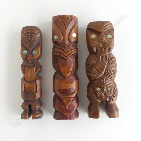 3 SMALL MAORI TOURIST ART TEKOTEKO largest H.255mm. Collected in the U.S.A. c1990's