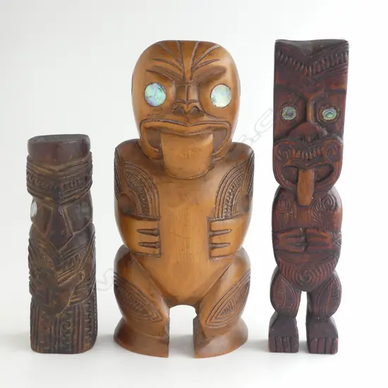 3 MID/LATE 20thC MAORI CARVED STYLISED SMALL TEKOTEKO FIGURES paua inserts Tallest 210mm