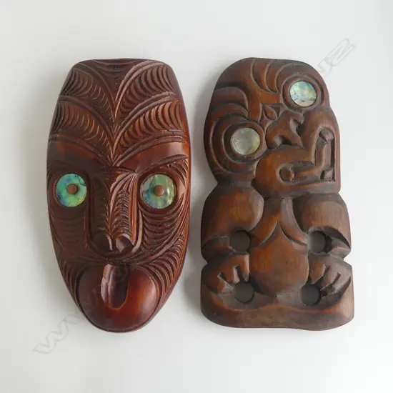MID/LATE 20thC MAORI CARVED LGE TIKI & MASK. paua inserts H's.250mm