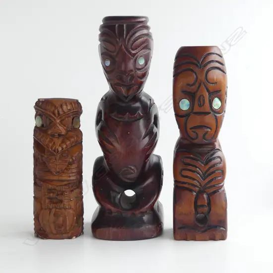 3 SMALL MAORI TOURIST ART TEKOTEKO largest H.190mm. Collected in the U.S.A. c1990's