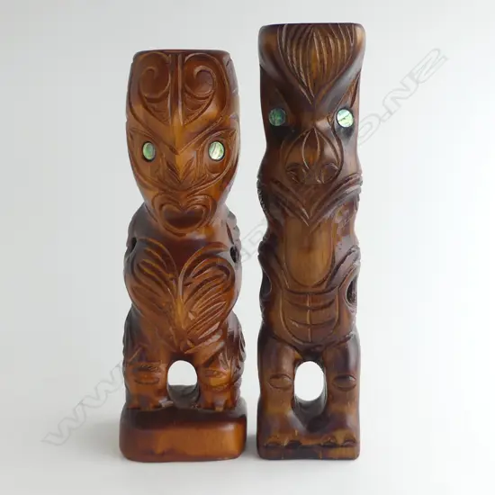 2 LATE 20thC MAORI CARVED TEKOTEKO H's.240 & 230mm Paua eyes