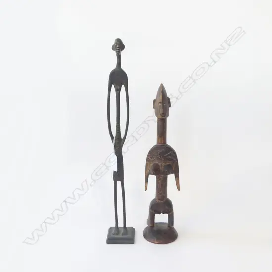 2 ABSTRACT AFRICAN FIGURES; CARVED WOODEN H.315mm, ELONGATED BRONZE H.400mm