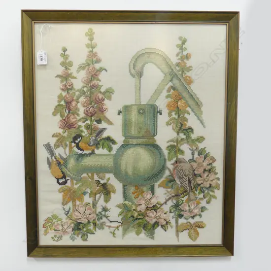 FRAMED NEEDLEWORK, BIRDS AT WATER PUMP, 620 X 530mm