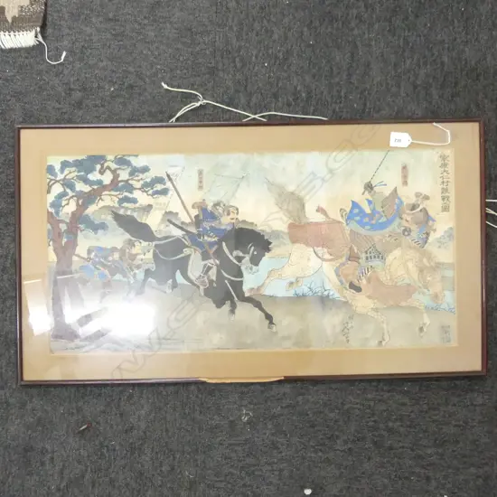 JAPANESE BATTLE SCENE WOODEN BLOCK PRINT SIGNED, 430 X 810mm