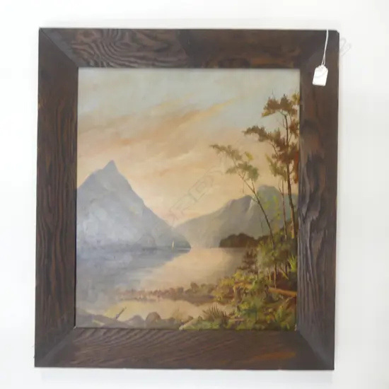 INTIALLED HM, COLONIAL LAKE & MOUNTAIN SCENE, OIL ON BOARD 510x410mm