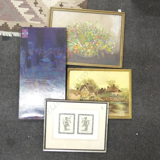 STILL LIFE OIL C1910 + 3 FRAMED ART WORKS